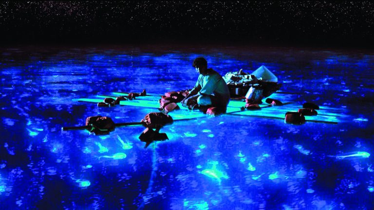 This publicity photo released by 20th Century Fox shows Suraj Sharma as Pi Patel taking in the bioluminescent wonders of the sea in a scene from the film, 