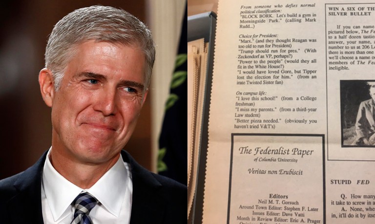 The Fed, an alternative student newspaper founded by Gorsuch, Andrew Levy — now a Fox News personality — and P.T. Waters, polled students in October 1987 on the upcoming presidential election. (AP Photo/Carolyn Kaster, paper courtesy Columbia University Archives)