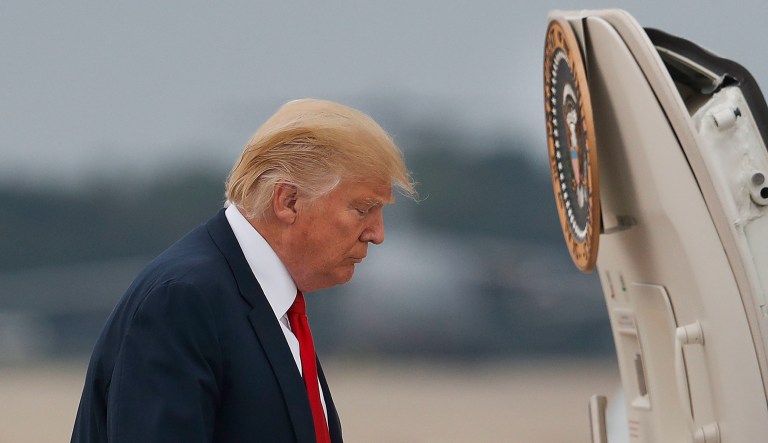 President Donald Trump boards Air Force One during his departure from Andrews Air Force Base, Md., Monday, Aug. 14, 2017. (AP Photo/Pablo Martinez Monsivais)