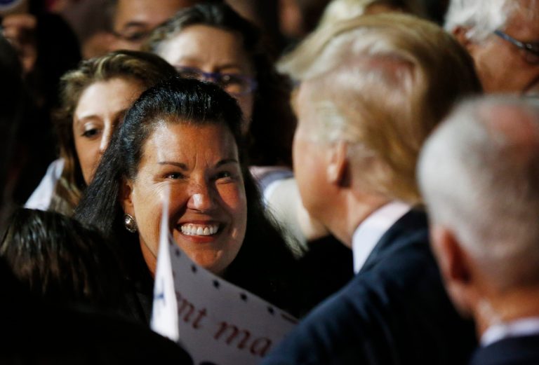 Republican presidential candidate Donald Trump meets a supporter after speaking a rally Wednesday, June 29, 2016, in Bangor, Maine.(AP Photo/Robert F. Bukaty)