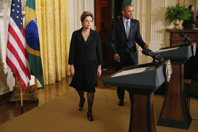 Brazilian President Dilma Rousseff, left, and U.S. President Barack Obama arrive for a joint news conference in the East Room at the White House June 30, 2015 in Washington, D.C. Rousseff and Obama held meetings and the press conference almost two years after Rousseff accepted but then skipped an invitation to the White House due to revelations from former NSA contractor Edward Snowden that the U.S. had spied on Rousseff and other Brazilians. (Photo by Chip Somodevilla/Getty Images)