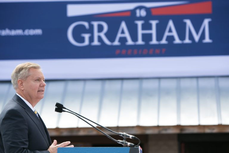 Sen. Lindsey Graham gives a speech where he announced his candidacy for United States President during an outdoor event on June 1, 2015 in Central, S.C. (Photo by Jessica McGowan/Getty Images)
