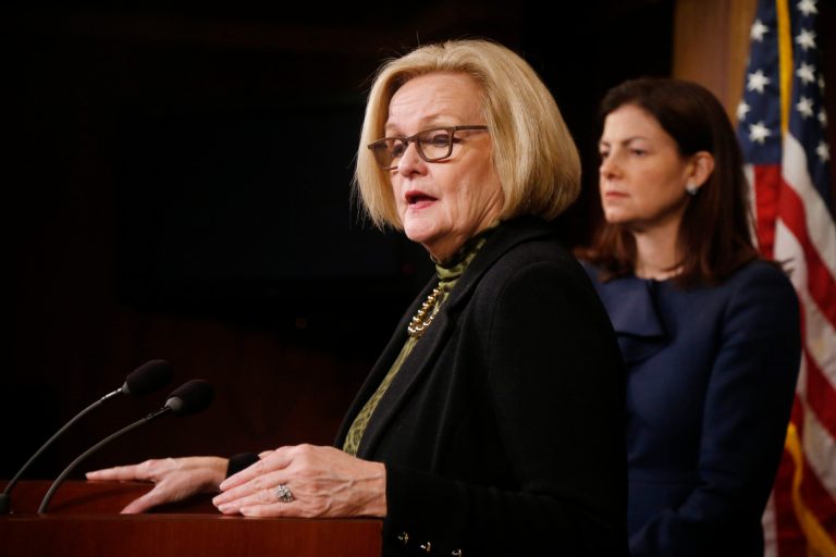 Sen. Claire McCaskill, D-Mo., left, and Sen. Kelly Ayotte, R-N.H., speak at a news conference on Capitol Hill in Washington on March 6, 2014. (AP Photo/Charles Dharapak, File)