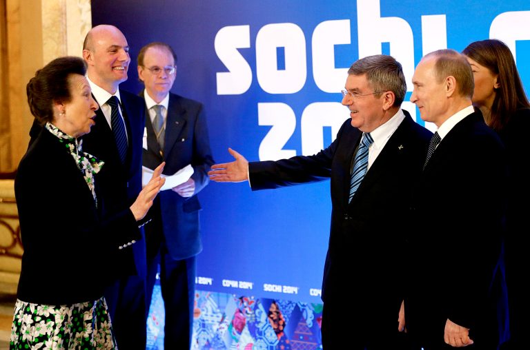 International Olympic Committee member Princess Anne of Great Britain, left, greets Russian President Vladimir Putin, right, IOC President Thomas Bach, second from right, and Sochi 2014 Olympics President Dmitry Chernyshenko, second from left, at an event welcoming IOC members ahead of the upcoming 2014 Winter Olympics at the Rus Hotel, Tuesday, Feb. 4, 2014, in Sochi, Russia. (AP Photo/David Goldman, Pool)