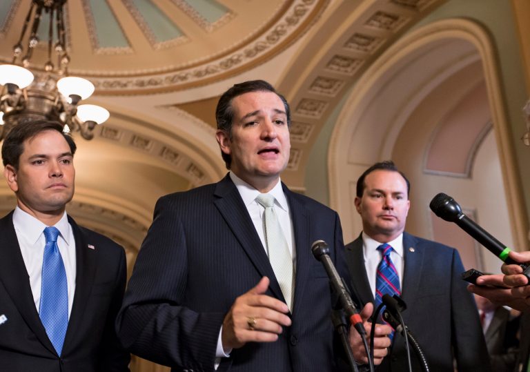Ted Cruz's sidekick Mike Lee, right, will likely go down in flames with him, but the other two who have sometimes stood with them -- Rand Paul and Marco Rubio, left, -- have lately been looking less and less happy, and may be the ones to watch now. (AP Photo)