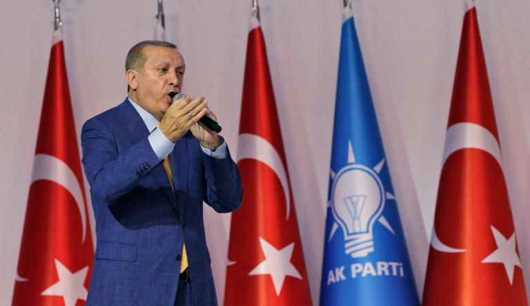 Turkish President Recep Tayyip Erdogan's security team in Washington, D.C. was caught on video beating protesters against his government, an incident that provoked a State Department rebuke and condemnation from several U.S. lawmakers. (AP Photo/Burhan Ozbilici)