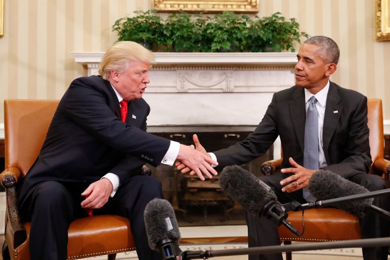 President Barack Obama and President-elect Donald Trump shake hands following their meeting in the Oval Office of the White House in Washington, Thursday, Nov. 10, 2016. (AP Photo/Pablo Martinez Monsivais)