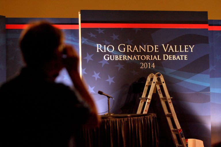 The stage is prepared for the 2014 Rio Grande Valley Gubernatorial Debate in Edinburg, Texas on Thursday, Sept. 18, 2104. The debate will feature Sen. Wendy Davis and Texas Attorney General Greg Abbott. (AP Photo/The McAllen Monitor, Delcia Lopez)