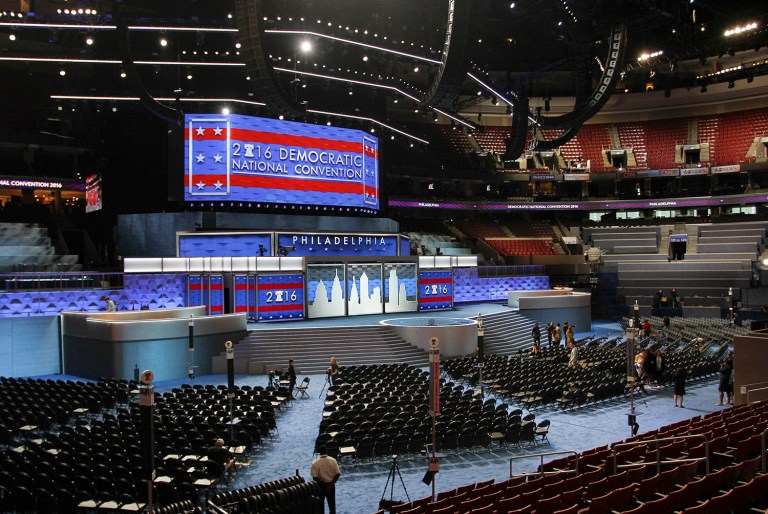 The stage is set for the start of day 3 of the Democratic National Convention in Philadelphia. (AP Photo/Dake Kang)