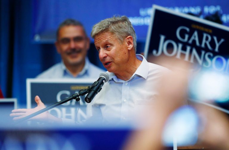 Libertarian presidential candidate Gary Johnson speaks during a rally late Monday, Oct. 3, 2016, in Parker, Colo. (AP Photo/David Zalubowski)