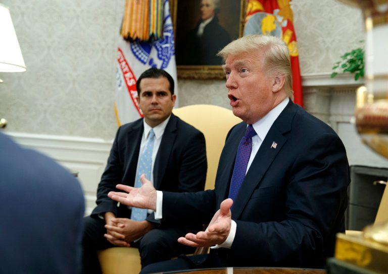 President Trump speaks during a meeting with Governor Ricardo Rossello of Puerto Rico in the Oval Office of the White House. (AP Photo/Evan Vucci)
