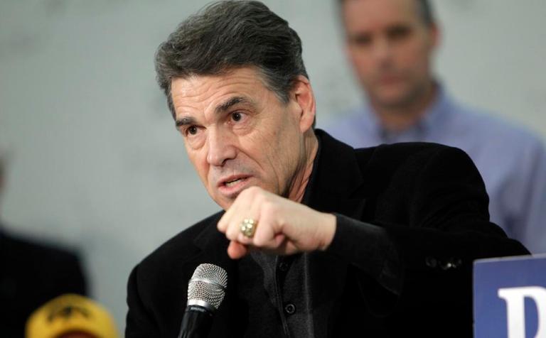 Republican presidential candidate Texas Gov. Rick Perry speaks to workers and local residents after touring the TPI Iowa wind blade manufacturing facility, Thursday, Dec. 22, 2011, in Newton, Iowa.
