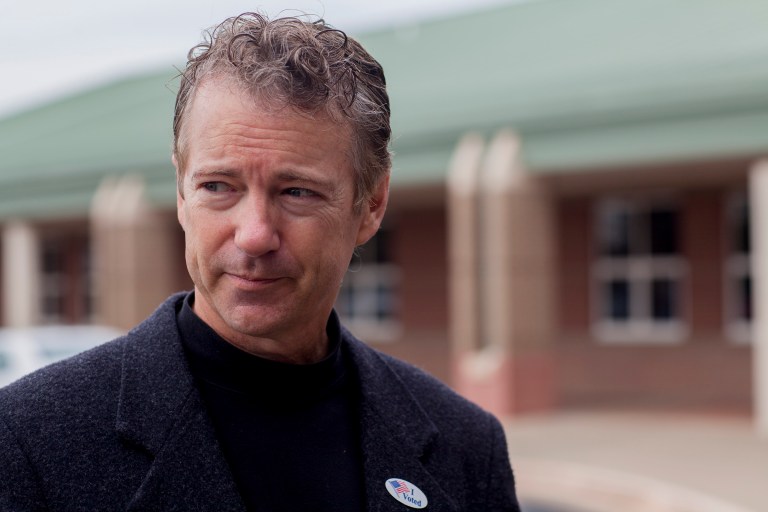 U.S. Sen. Rand Paul, R-Ky., speaks to reporters after voting at Briarwood Elementary School in Bowling Green, Ky., on Election Day Tuesday, Nov. 4, 2014. (AP Photo/The Daily News, Austin Anthony)