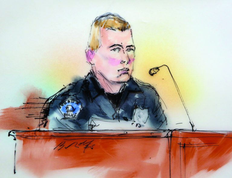 This courtroom sketch shows Aurora Police officer Jason Oviatt as he testifies at a preliminary hearing for James Holmes it a district court in Centennial, Colo., on Monday, Jan. 7, 2013. Investigators say Holmes opened fire during the midnight showing of the latest Batman movie on July 20, killing 12 people and wounding dozens. (AP Photo/Bill Robles, Pool) TV OUT