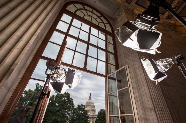 FILE - In this Sept. 9, 2013 file photo television news lights await the start of activity on Capitol Hill in Washington as both houses of Congress return to full legislative session.  Lawmakers are streaming back to Capitol Hill after this year's summer vacation for an abbreviated September session in which feuding Democratic and Republican leaders promise action to prevent a government shutdown while holding votes aimed at defining the parties for the fall campaign. Republicans control the House and want to pad their 17-vote majority, so they intend to follow this simple rule: first, do no harm. (AP Photo/J. Scott Applewhite, File)