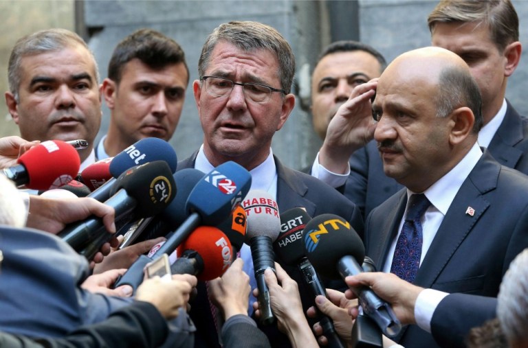 Ash Carter spoke to reporters traveling with him after his meetings with President Recep Tayyip Erdogan and other Turkish officials, on the first leg of a seven-day trip to the Middle East and Europe. (AP Photo)