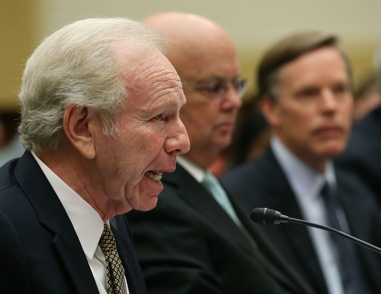 Former Sen. Joseph Lieberman (I-CT) (L) co-chair of the Foundation for the Defense of Democracies, speaks about Iran while flanked by former CIA Director, retired Air Force Gen. Michael Hayden (C), and former Undersecretary of State for Political Affairs Nicholas Burns (R) during a Foreign Affairs Committee hearing on Capitol Hill July 14, 2015 in Washington, DC. The committee is hearing testimony on the implications of a nuclear agreement with Iran. (Photo by Mark Wilson/Getty Images)