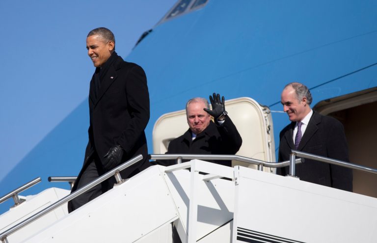 President Barack Obama, followed by Rep. Michael Doyal, D-Pa., center, and Sen. Bob Casey, D-Pa., right, arrive at the 171st Air Refueling Wing Pennsylvania Air National Guard on Air Force One, Wednesday, Jan. 29, 2014, in Coraopolis, Pa., as he travels to speak at the U.S. Steel Irvin Plant, in West Mifflin, Pa., to speaks about retirement policies he highlighted in the State of the Union Address. (AP Photo/Carolyn Kaster)
