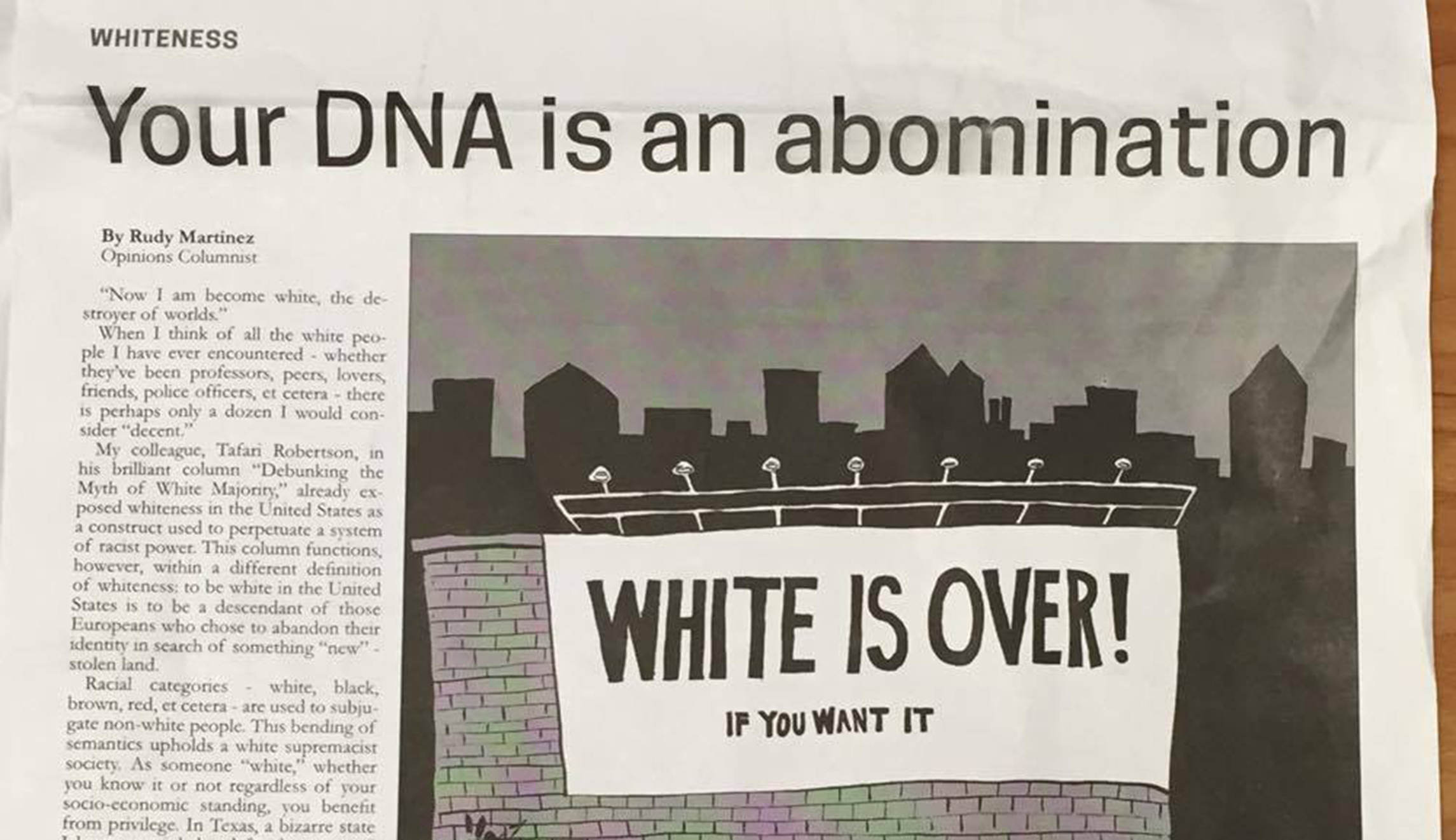 Campus newspaper editorial: ‘Your [white] DNA is an abomination’