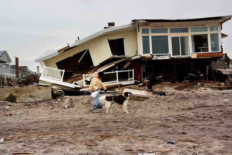 A woman walks with her dog by homes damaged by Hurricane Sandy along the beach in the Rockaways in New York. (Spencer Platt/Getty Images)