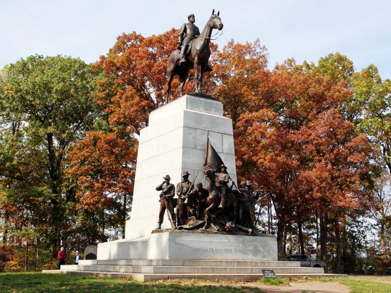 State of Virginia Monument at the Gettysburg Battlefield, it was the first of the Confederate State monuments depicting Robert E. Lee on October 18, 2011 in Gettysburg, Pennsylvania. (Mike Janes/Four Seam Images via AP Images)