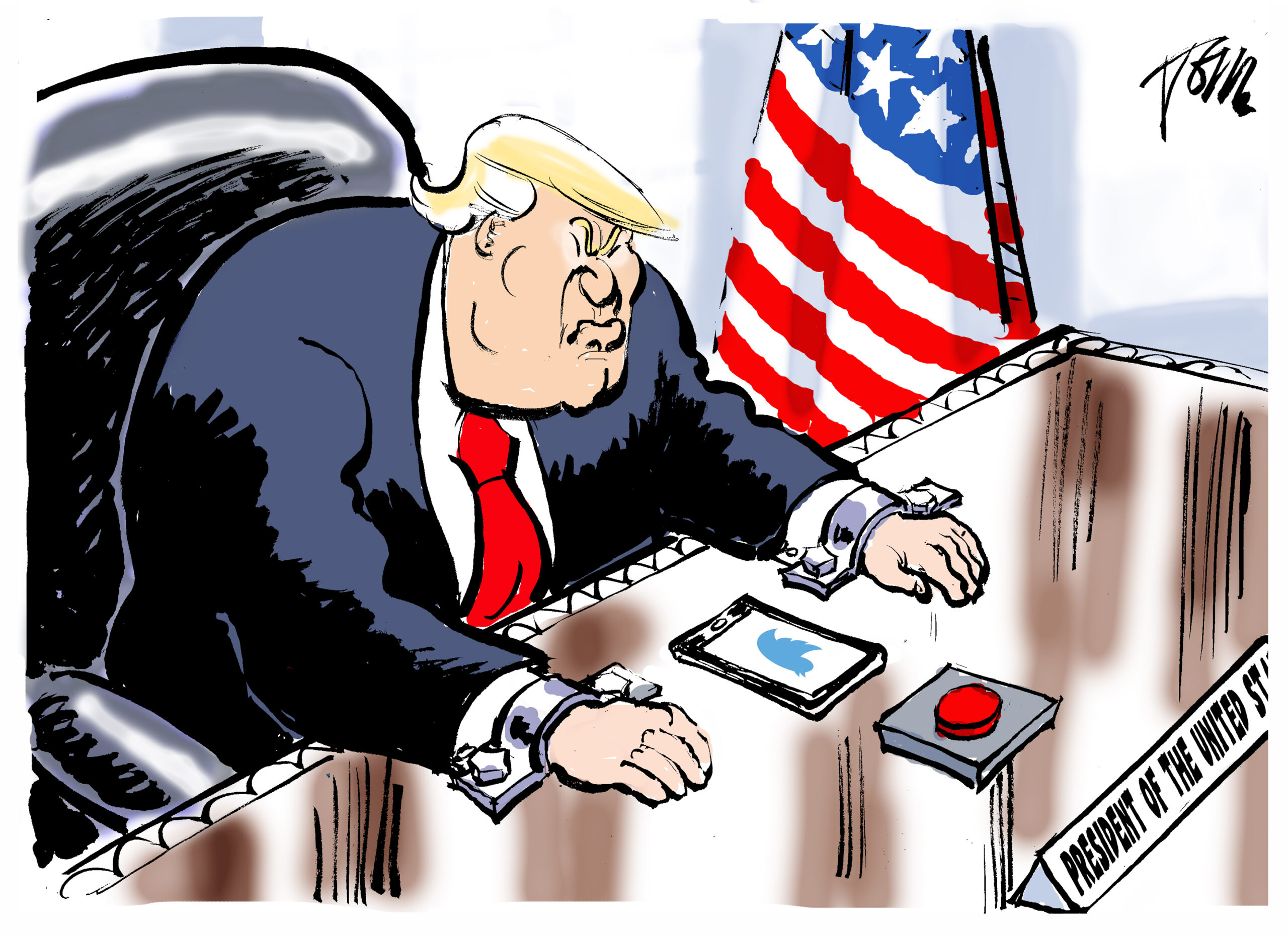 Editorial cartoon: President of the United States and Twitter
