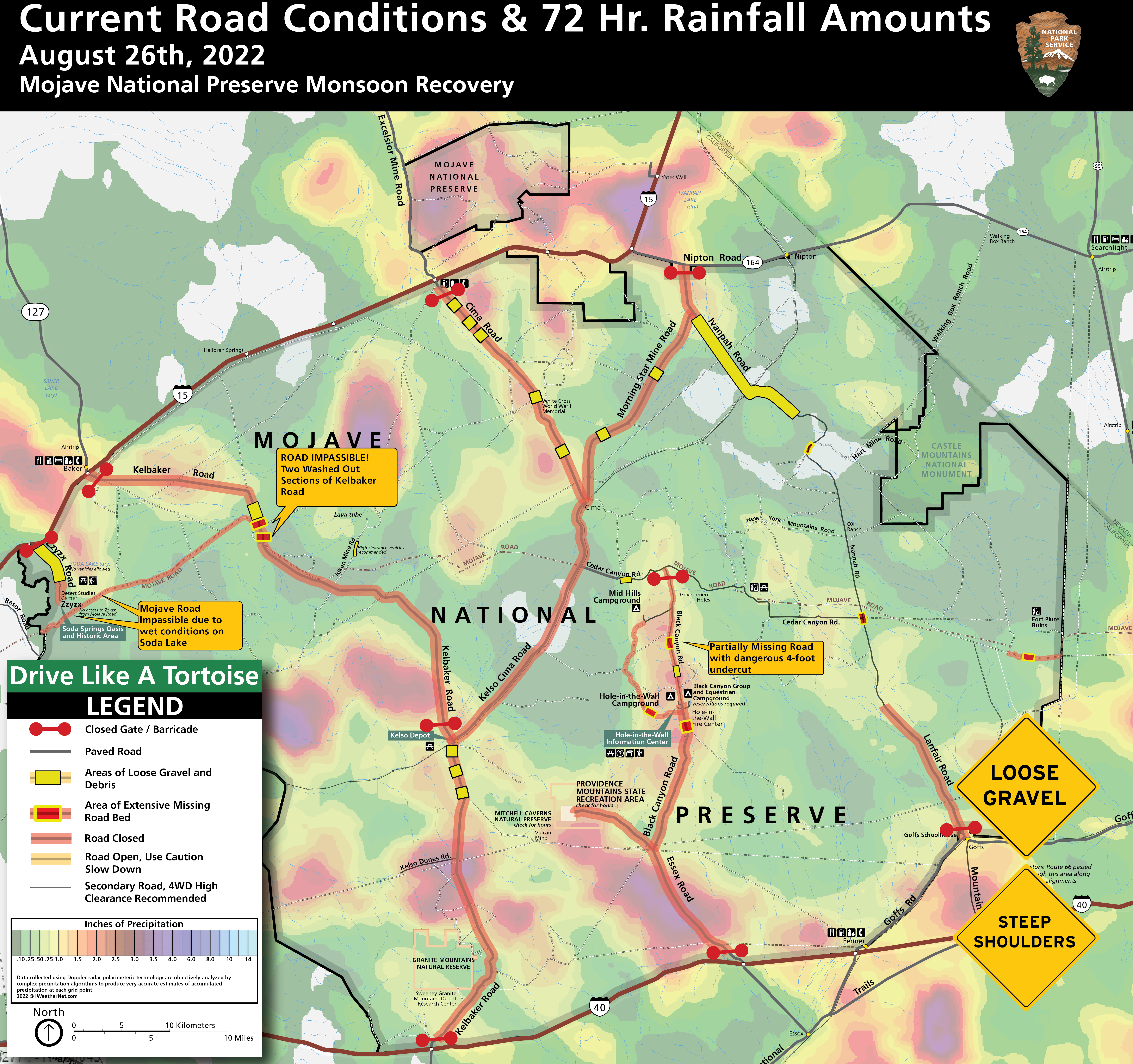 Rainfall totals shown in color are superimposed against a road map of the preserve. All primary roads are currently closed to public access. Travelers are asked not to bypass closures due to safety concerns. Crews are working again to assess the damage and conduct repairs before reopening the preserve.