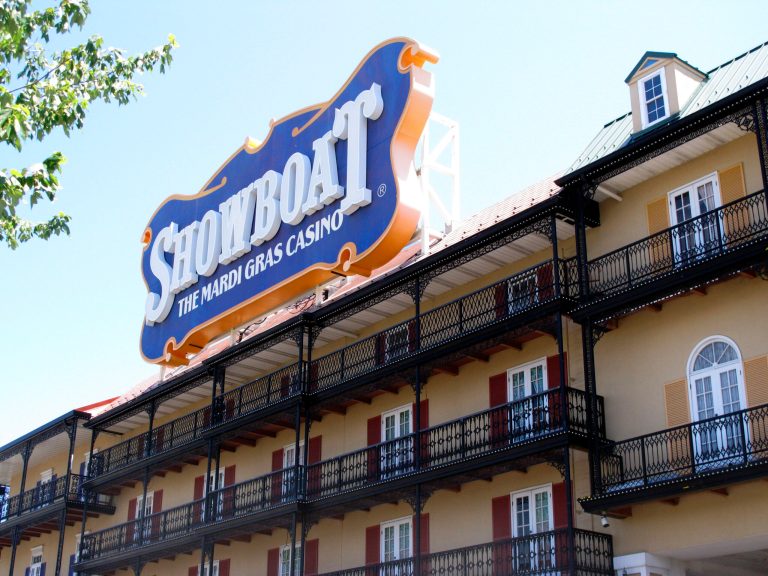 This photo taken on June 27, 2014, shows the exterior of the Showboat Casino Hotel in Atlantic City N.J. The Showboat's owner, Caesars Entertainment, said on Wednesday, Aug. 27, 2014,  that the casino will definitely close on Sunday, Aug. 31. (AP Photo/Wayne Parry)