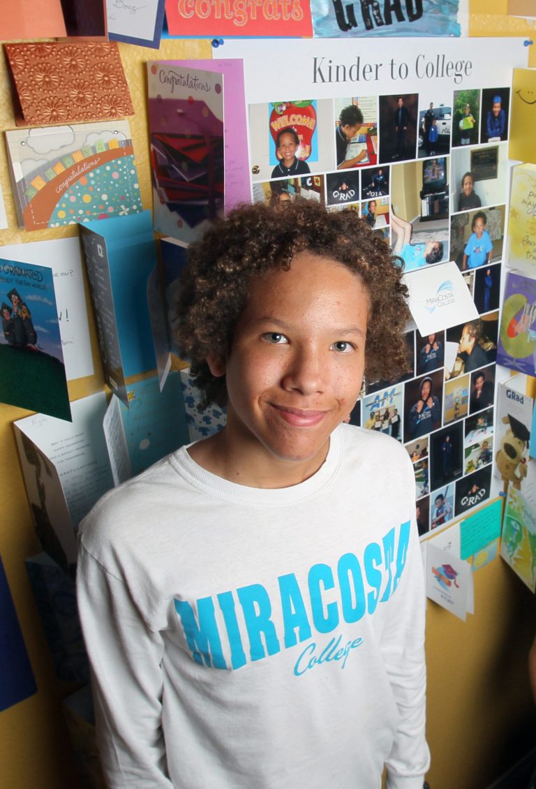 In this July 23, 2014 photo, Kyle Litzenberg 12, right, poses for a photo at his home in Oceanside, Calif.  Litzenberg hopes to become a computer engineer and will be the youngest fulltime student in the history of MiraCosta College when he enrolls next month. (AP Photo/U-T San Diego, Charlie Neuman)  NO SALES; COMMERCIAL INTERNET OUT