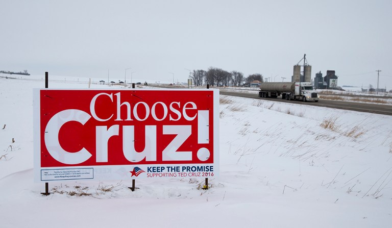A sign supporting Republican presidential candidate Sen. Ted Cruz, R-Texas, sits on the side of the highway on Friday, Jan. 22, 2016, in Orange City, Iowa. (AP Photo/Evan Vucci)
