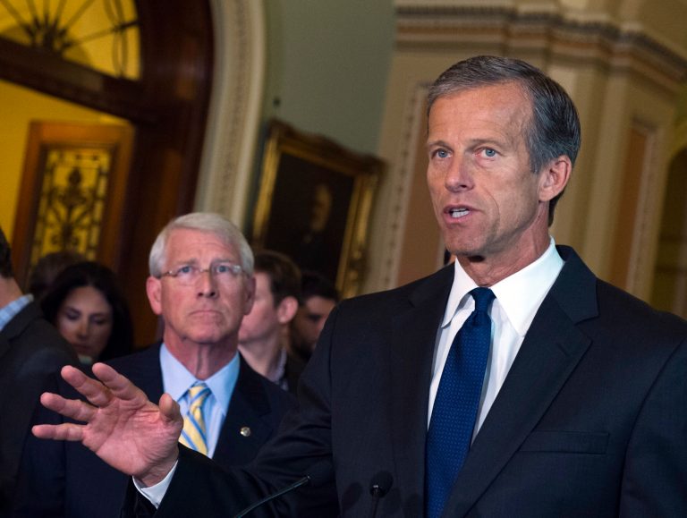 Sen. John Thune, R-S.D. addresses the media joined by Sen. Roger Wicker, R-Miss., after a policy luncheon on Capitol Hill in Washington, Tuesday, July 21, 2015. (AP Photo/Molly Riley)