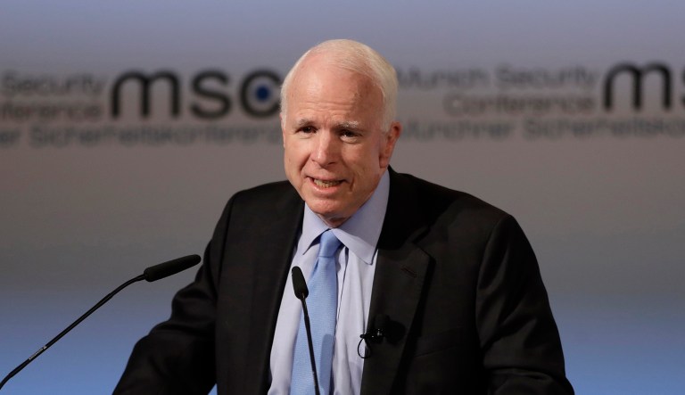 Sen. John McCain accused Secretary of State Rex Tillerson on Monday of abandoning the goal of using U.S. influence to promote western values around the world. (AP Photo/Matthias Schrader)