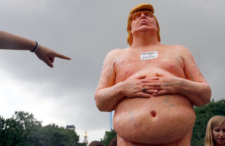 The uncomfortably detailed statues were first discovered in New York City's Union Square. (AP Photo/Mary Altaffer)