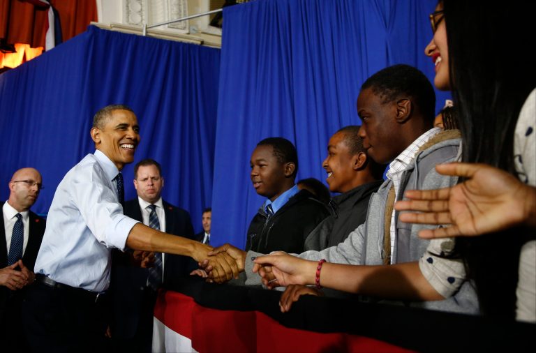 President Barack Obama greets students. President Barack Obama is announcing $100 million in grants to help better prepare high school students to compete in the global economy. (AP/Charles Dharapak)