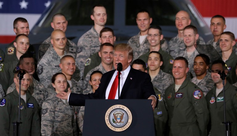 Trump, speaking to the Air Force at Joint Base Andrews, Md., said it is time to eliminate so-called sequestration because the service has dramatically cut its troop numbers and fighter aircraft since the 1990s and the military as a whole has spent years deployed in combat. (AP Photo/Evan Vucci)
