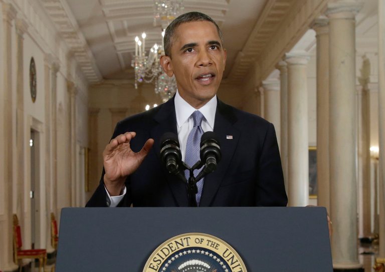 President Barack Obama addresses the nation in a live televised speech from the East Room of the White House in Washington, Tuesday, Sept. 10, 2013. President Obama blended the threat of military action with the hope of a diplomatic solution as he works to strip Syria of its chemical weapons. (AP Photo/Evan Vucci, Pool)