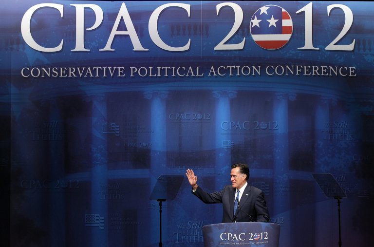 WASHINGTON, DC - FEBRUARY 10:  Republican presidential candidate and former Massachusetts Gov. Mitt Romney addresses the Conservative Political Action Conference (CPAC) at the Marriott Wardman Park February 10, 2012 in Washington, DC. Thousands of conservative activists are attending the annual gathering in the nation's capital.  (Photo by Win McNamee/Getty Images)