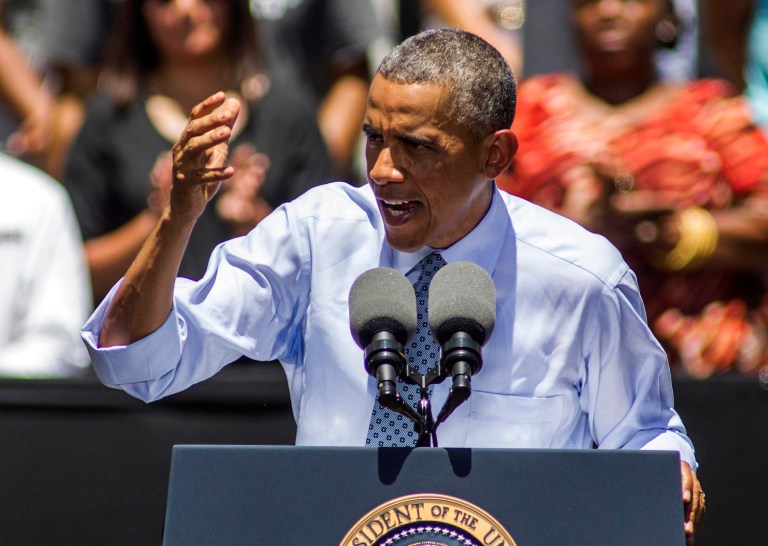 President Obama speaks about the economy at the Los Angeles Trade-Technical College in Los Angeles on Thursday on the final day of his three-day West Coast trip. (AP Photo/Ringo H.W. Chiu)