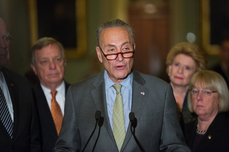 Senate Minority Leader Chuck Schumer speaks at a press conference following a Senate Democratic policy luncheon, on Capitol Hill, Tuesday, April 25th, 2017. (Graeme Jennings/Examiner)