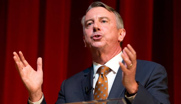 Republican gubernatorial candidate Ed Gillespie is keeping his distance from President Trump in his first television ad to promote his bid for governor of Virginia. (AP Photo/Steve Helber)