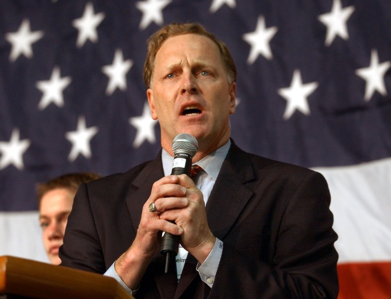 Duf Sundheim speaks to delegates after being elected as the new party chairman during the Califorrnia Republican Party Convention in Sacramento, Calif., Sunday, Feb. 23, 2003. (AP Photo/Steve Yeater)
