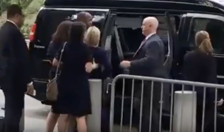Last Sunday, Clinton slipped out of a 9-11 event at Ground Zero in New York so abruptly her Secret Service detail could not get her vehicle to the meeting place on time. (screenshot)