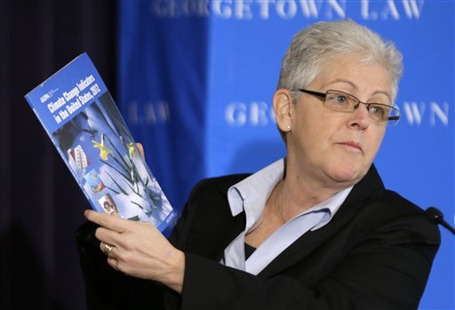 Gina McCarthy, Assistant Administrator with the Environmental Protection Agency, holds a climate change report as she speaks at a climate workshop sponsored by The Climate Center at Georgetown University in February. (AP Photo)
