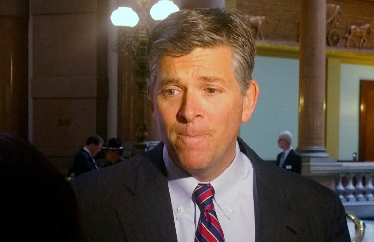 Illinois state Sen. Darin LaHood, R-Dunlap, speaks to reporters at the state Capitol in Springfield, Ill., Wednesday, March 18, 2015, after announcing earlier in the day that he will run for U.S. Rep. Aaron Schock's soon-to-be-vacant congressional seat. Schock announced Tuesday, March 17 he will resign at the end of the month. (AP Photo/John O'Connor)