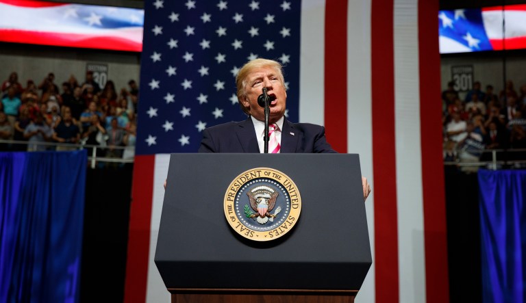 President Donald Trump speaks during a campaign rally for Senate candidate Luther Strange, Friday, Sept. 22, 2017, in Huntsville, Ala. (AP Photo/Evan Vucci)