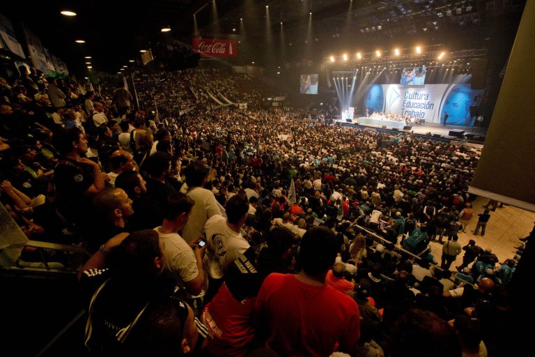 Supporters of union leader Hugo Moyano attend the launching of Moyano's new political party at the Luna Park stadium in Buenos Aires, Argentina, Tuesday, May 7, 2013. Moyano, a critic of Argentine President Cristina Fernandez, created the new political party 