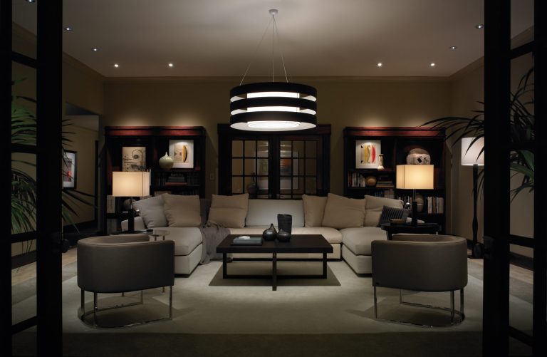 All of the lights and blinds in this living room can be controlled by an app. (Photo courtesy of Lutron)