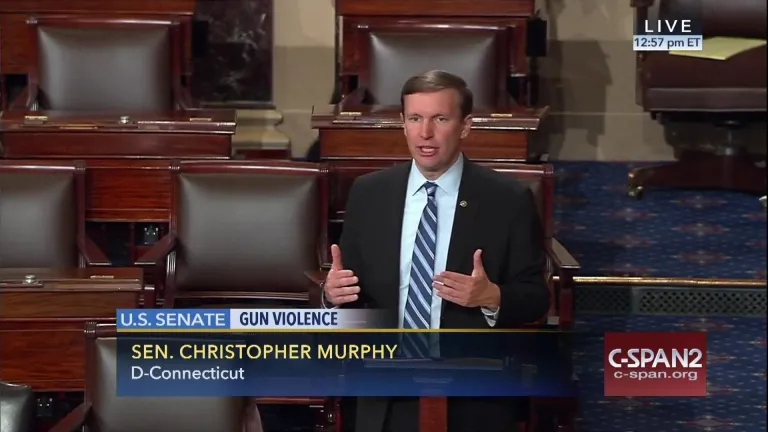 Sen. Chris Murphy, D-Conn., led the charge, and held the floor for the day and into the evening with the help of his Democratic colleagues. (Senate Television via AP)