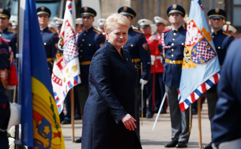 President of Lithuania Dalia Grybauskaite inspects the guard of honor upon his arrival for a meeting on the 5th anniversary of the Eastern Partnership at the Prague Castle in Prague, Czech Republic, Thursday, April 24, 2014. (AP Photo/Petr David Josek)