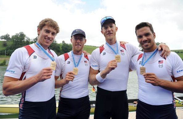 LUCERNE, SWITZERLAND - JULY 10:  Giuseppe Lanzone, Brett Newlin , Charles Cole and Scott Gaunt of USA pose for the camera after winning the Bronze in the Men's Four Final during Day 3 of the 2011 Samsung World Rowing Cup III on Lucerne Rotsee on July 10, 2011 in Lucerne, Switzerland.  (Photo by Christopher Lee/Getty Images)